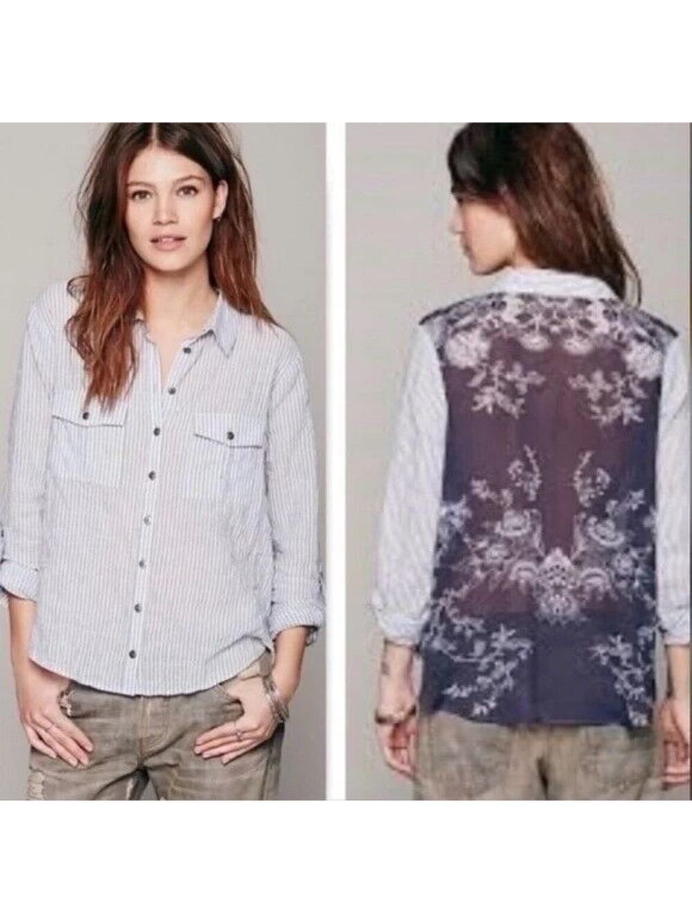 Free People Party in The Back Striped Sheer Floral Shirt Blouse Top Button Sz M